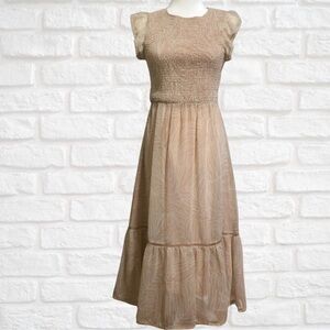 GUC Lost + Wander Beige Midi Dress with ruffle accents, size small, feminine